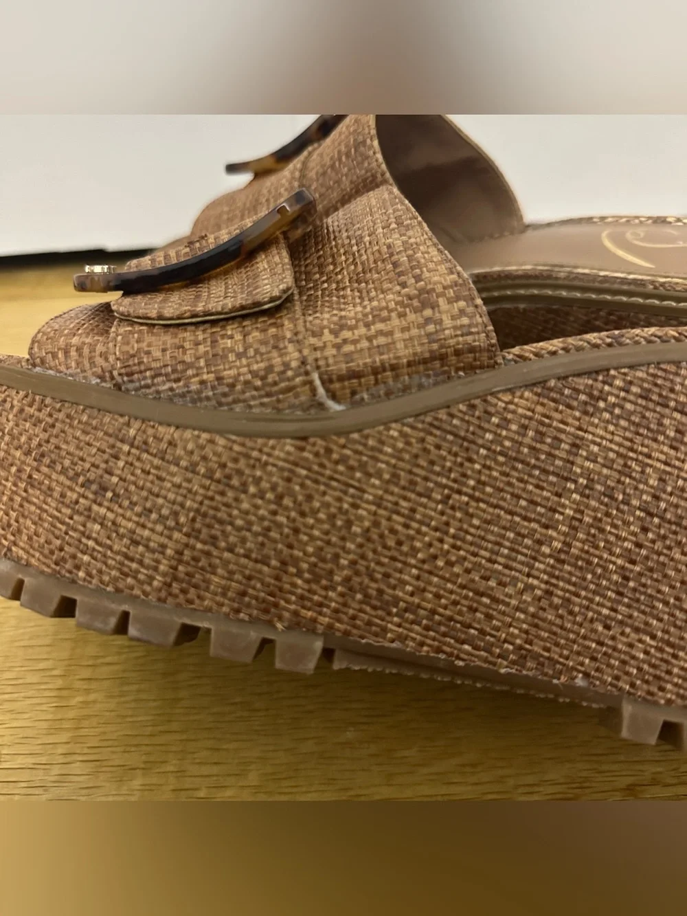 Sam Edelman Dark Natural Raffia Platform Wedge Espadrille Slide Sandals SZ 9.5